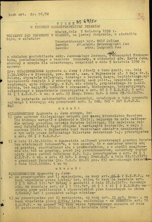 Wyrok Wojskowego Sądu Rejonowego w Gdańsku z dnia 5 kwietnia 1950 r. skazujący Zygmunta Milczewskiego na dwa lata pozbawienia wolności.