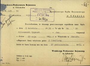Zawiadomienie z dnia 9 czerwca 1950 r. informujące o rozpoczęciu odbywania przez Zygmunta Milczewskiego kary pozbawienia wolności.