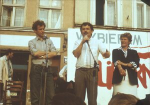 Wiec przedwyborczy NSZZ „Solidarność” w Tczewie z udziałem Bogdana Lisa, Lecha Kaczyńskiego i Olgi Krzyżanowskiej