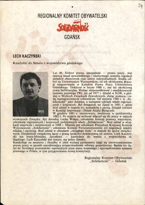 Ulotka z sylwetką kandydata NSZZ „Solidarność” na senatora Lecha Kaczyńskiego