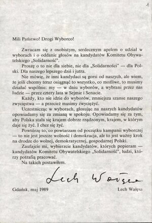 Apel Lecha Wałęsy wzywający do oddania głosów na kandydatów NSZZ „Solidarność”