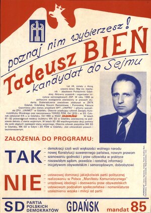 Plakat wyborczy kandydata Stronnictwa Demokratycznego Tadeusza Bienia