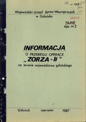 Okładka „Informacji o przebiegu operacji »Zorza-II«” na terenie województwa gdańskiego, Gdańsk 1987, IPN Gd 003/200 t. 2.