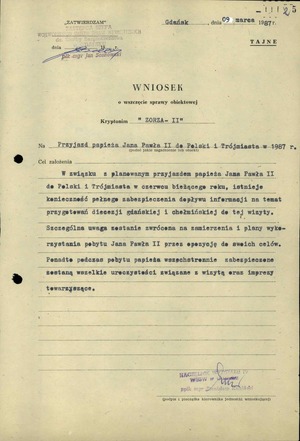 Wniosek o wszczęcie sprawy obiektowej kryptonim „Zorza II”. Gdańsk,
9 III 1987 r., IPN Gd 003/200 t. 1.