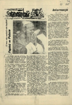 Strona tytułowa „Solidarności” z 20 III 1987 r. zawierająca zapowiedź wizyty papieskiej w Polsce, IPN Gd 003/200 t. 6 pt. 2.