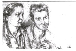 Rysunek wykonany przez Jadwigę Pietkiewicz-Simon w obozie koncentracyjnym Ravensbrück przedstawiający Jadwigę Gisges i Marię Kuśmierczyk