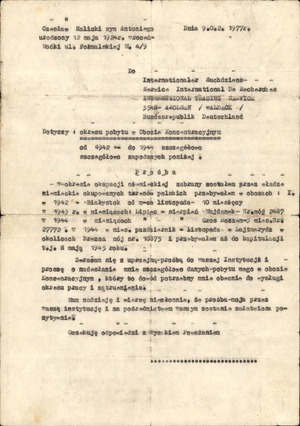 Pismo Czesława Halickiego do Międzynarodowej Służby Poszukiwań w Bad Arolsen z dnia 9 lutego 1977 r. w sprawie poświadczenia pobytu w obozach koncentracyjnych w czasie II wojny światowej
