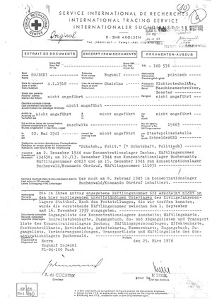 Kopia wyciągu z dokumentów Międzynarodowej Służby Poszukiwań w Bad Arolsen z dnia 25 marca 1976 r. w sprawie pobytu Bogumiła Sojeckiego w niemieckich obozach koncentracyjnych