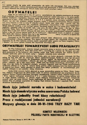 Ulotka nawołująca do głosowania 3 x TAK opublikowana przez Komitet Wojewódzki PZPR w Olsztynie
