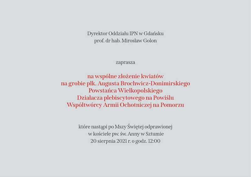 Zaproszenie na uroczyste złożenie kwiatów na grobie płk. Augusta Brochwicz-Donimirskiego