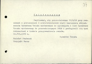 Telefonogram dyrektora Urzędu do spraw Wyznań z dnia 18-07-1970 r.