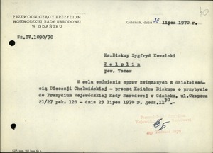 Pismo przewodniczącego Prezydium Wojewódzkiej Rady Narodowej w Gdańsku z dnia 20-07-1970 r. zapraszające biskupa Zygfryda Kowalskiego na rozmowy