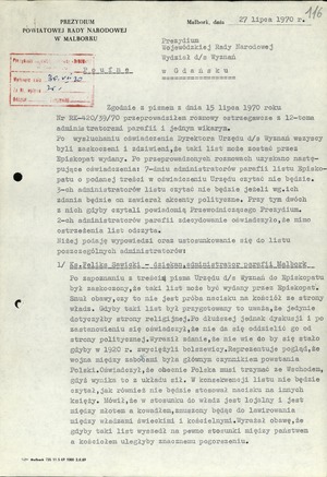 Pismo przewodniczącego Prezydium Powiatowej Rady Narodowej w Malborku z dnia 27-07-1970 r. z informacją o przebiegu rozmów z księżmi