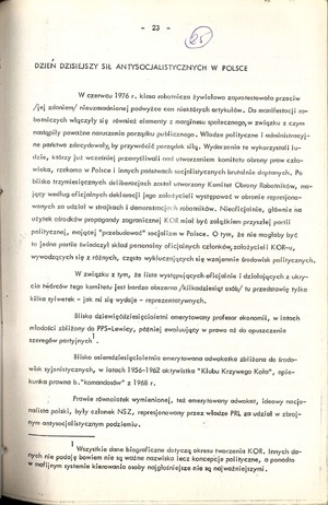 Fragment materiału propagandowego pt. „Strategie i strategowie antykomunizmu”, przedstawiający charakterystykę Komitetu Obrony Robotników