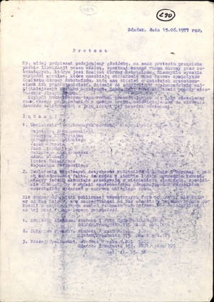 Pismo studentów Politechniki Gdańskiej z dnia 15-06-1977 r. informujące o podjętym proteście głodowym w celu uwolnienia członków Komitetu Obrony Robotników