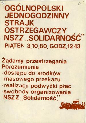 Ulotka informująca o planowanym na 3 października 1980 r. strajku i o postulatach jego organizatorów.