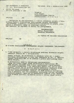 Pierwsza strona dokumentu z 1 października 1980 r. z uwagami do statutu NSZZ „Solidarność” zgłoszonymi przez sędziego Sądu Wojewódzkiego w Warszawie Zdzisława Kościelniaka.