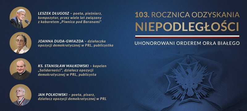 Andrzej Duda wręczył odznaczenia z okazji Święta Niepodległości. Order Orła Białego otrzymała Joanna Duda-Gwiazda – działaczka opozycji demokratycznej w czasach PRL – Warszawa, 11 listopada 2021