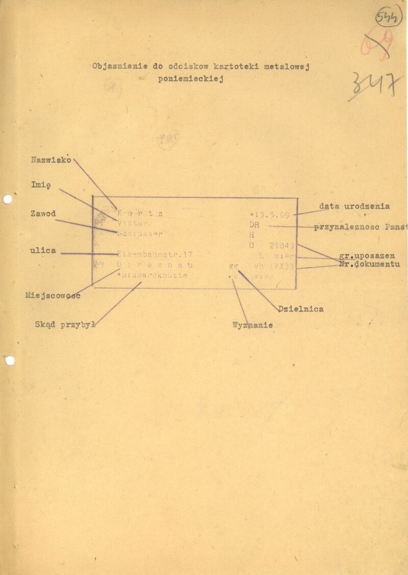 Objaśnienie skrótów i symboli stosowanych w niemieckiej kartotece ewidencyjnej pochodzące z akt jednej ze spraw karnych prowadzonych przez Sąd Okręgowy w Gdańsku (IPN Gd 607/129, k. 544)