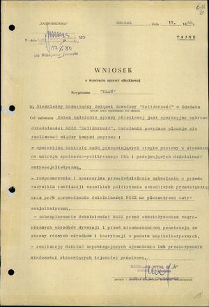 Wniosek o wszczęcie sprawy obiektowej „Klan”. Gdańsk [11] listopada 1980 r. (IPN Gd 003/166 t. 1, k. 11)