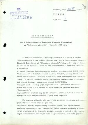 Informacja dot. I Ogólnopolskiego Przeglądu Piosenki Prawdziwej w Gdańsku. Gdańsk 25 sierpnia 1981 r. (IPN Gd 003/166 t. 19, k. 83)