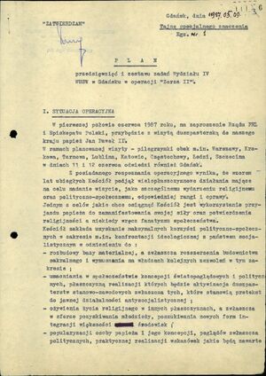 Plan przedsięwzięć i zestaw zadań Wydziału IV WUSW w Gdańsku. Gdańsk 9 marca 1987 r. (IPN Gd 003/200 t. 1, k. 6)