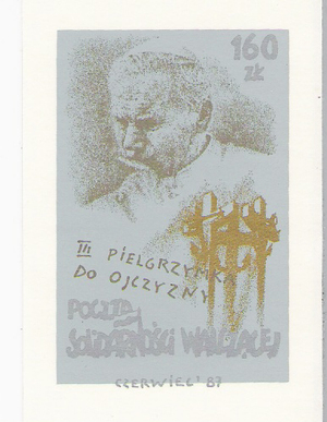 Znaczki wydane z okazji III Pielgrzymki Jana Pawła do Polski przez "Solidarność Walczącą", projekt i druk Jacek Jaśkiewicz z Wrocławia.