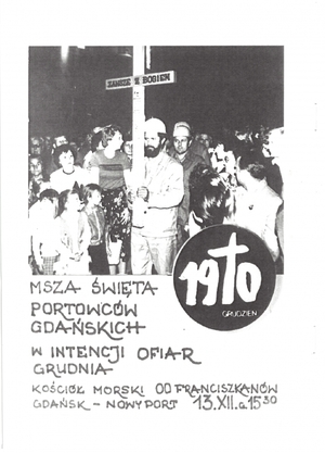 Ulotka przedstawiająca historyczny krzyż portowej „Solidarności”, przechowywany obecnie w Kościele Morskim w Gdańsku. Fot. za: „Kościół Morski 1980–1981. Westerplatte 1981” (autorem publikacji jest o. Erwin Urbaniak)