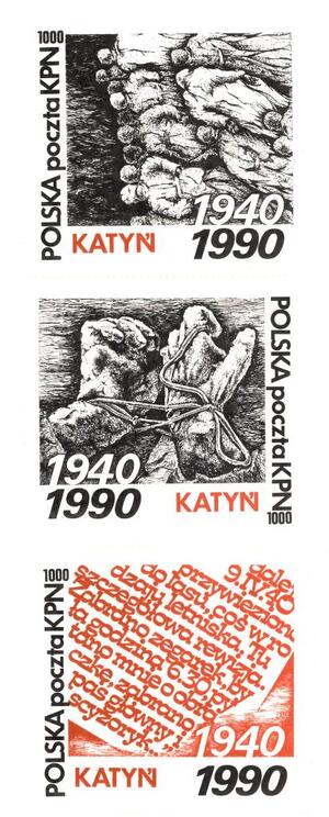 Poświęcone tematyce katyńskiej znaczki pocztowe wydane przez Konfederację Polski Niepodległej.