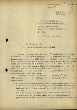 Meldunek o sytuacji na terenie Łodzi z dnia 14 lutego 1971 r. (sygn. AIPN Ld 0122/504, s. 26)