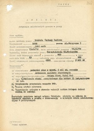 Pierwsza strona ankiety dotyczącej strajku w Łódzkich Zakładach Radiowych, b.d. (sygn. AIPN Ld pf 10/749 t. 2, k. 260)