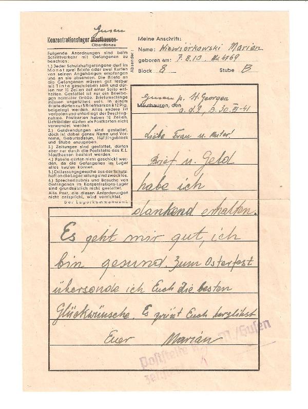 List Mariana Wiewiórkowskiego z obozu – ze zbiorów wnuczki Dominiki Pawlikowskiej